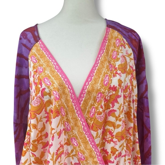 Free People Cruisin Together Mixed Print Puff Sleeve Surplice Top | Large - Picture 4 of 15